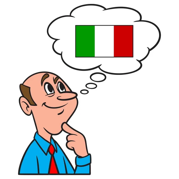Gondolkodás Egy Utazás Olaszországba Egy Rajzfilm Illusztráció Egy Ember Gondolkodó — Stock Vector