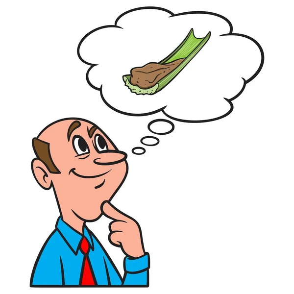 想想花生酱和芹菜 一个男人想用芹菜棒吃花生酱的卡通画 — 图库矢量图片