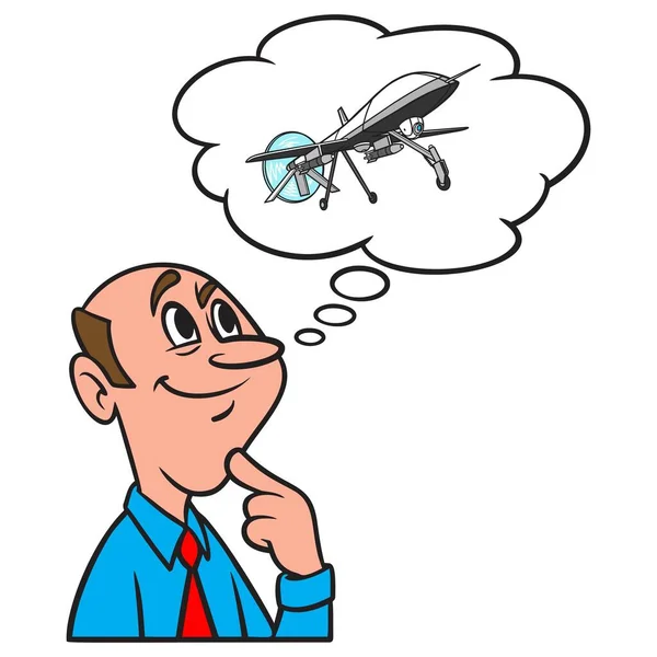 Σκέψη Για Ένα Drone Μια Απεικόνιση Κινουμένων Σχεδίων Ενός Άνδρα — Διανυσματικό Αρχείο