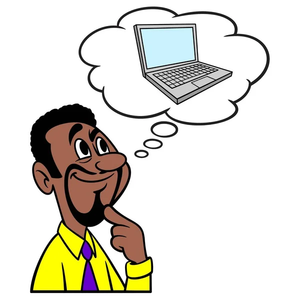 Uomo Pensando Computer Cartone Animato Illustrazione Uomo Pensando Nuovo Computer — Vettoriale Stock