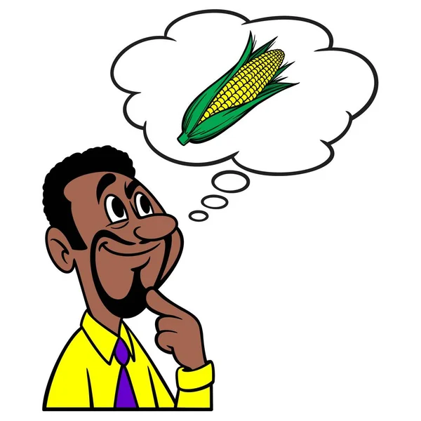 一个人在想玉米 一个人在想玉米棒子上有个漂亮的玉米耳朵的卡通画 — 图库矢量图片