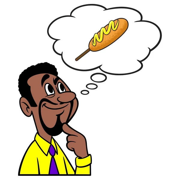 人在想玉米狗 一个人在吃午饭时想着玉米狗的卡通画 — 图库矢量图片