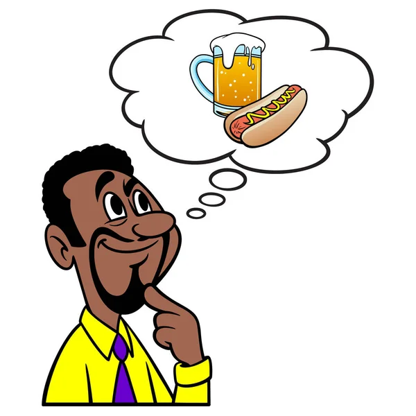男人在想Oktoberfest 一个漫画的例子 一个男人想有一个热狗和啤酒在Oktoberfest — 图库矢量图片