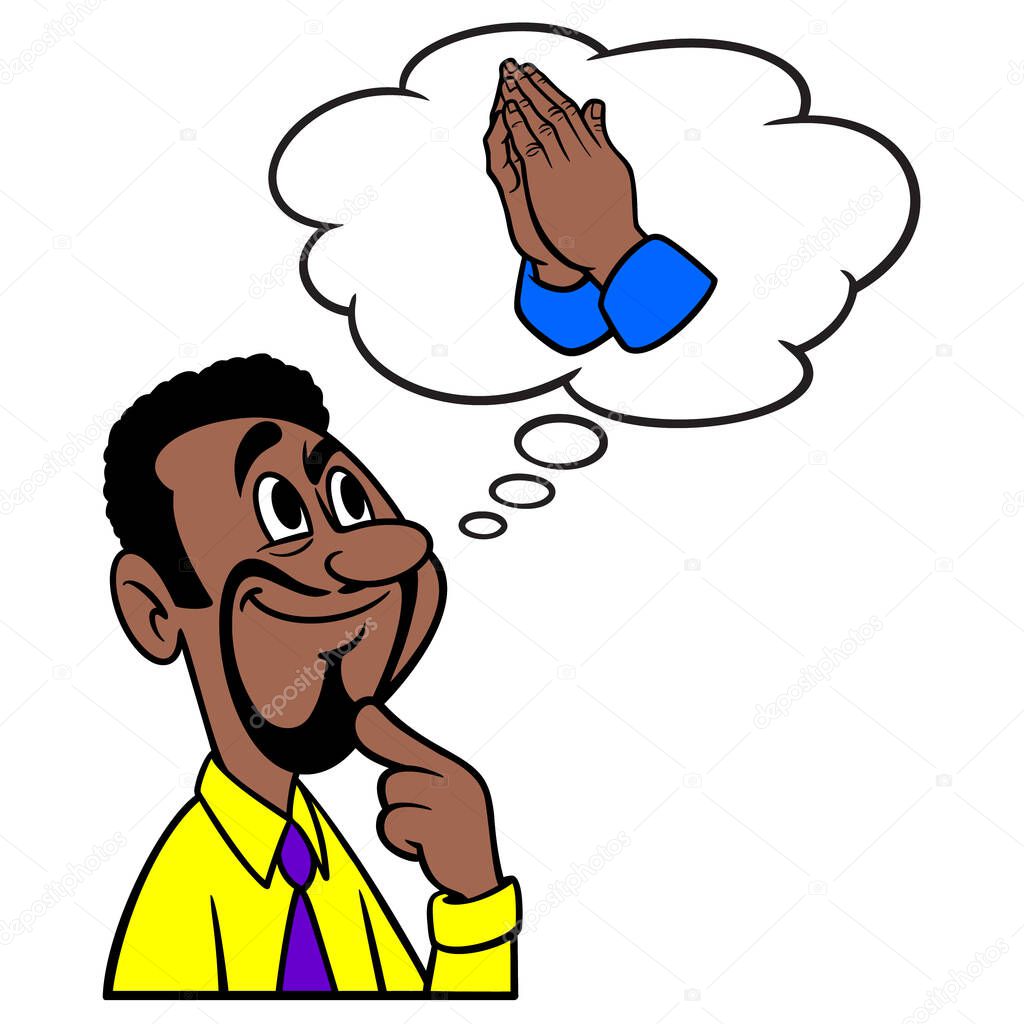 Man thinking about Praying - A cartoon illustration of a man thinking about Praying in church.