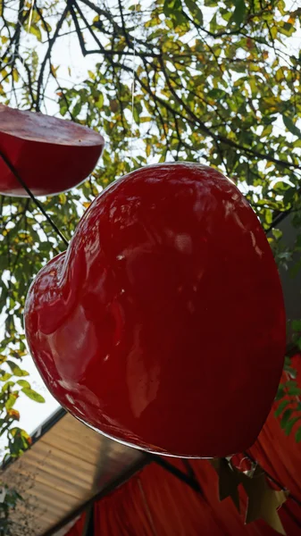 Coeurs rouges en bois dans les arbres verts — Photo