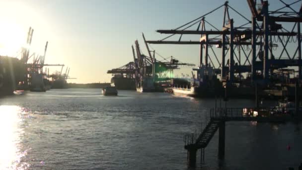 Porto de hamburgo ao pôr-do-sol — Vídeo de Stock