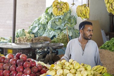 El Quseir, Mısır - 10 Ekim 2025: Geleneksel bedevi işareti üzerinde satıcı