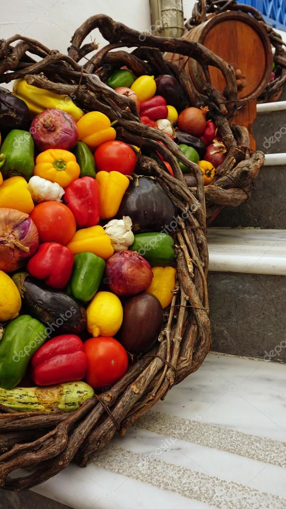 Basket full of fruits and vegetables from greece — Stock Photo