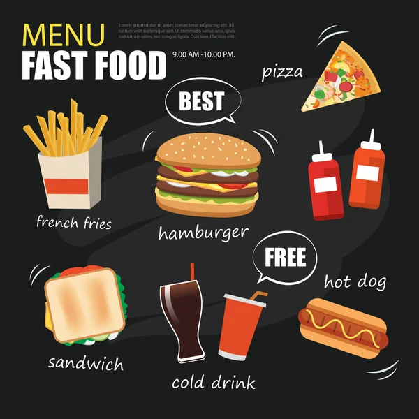 Kara tahta arka plan düz tasarım menüsünde Fast food — Stok Vektör
