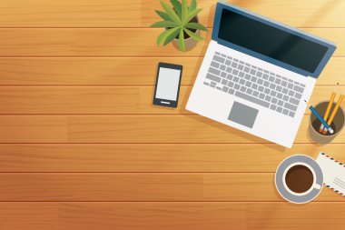 Üstten Görünüm ofis ahşap büro sabah
