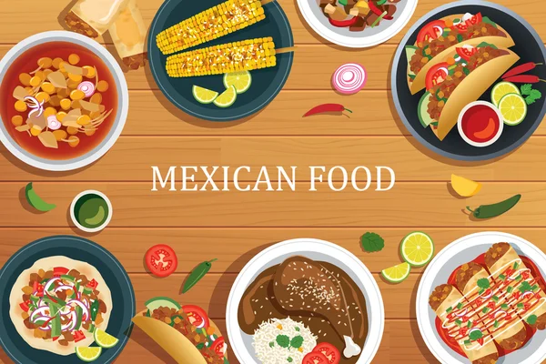 Meksykańskie jedzenie na tle drewnianych. Widok z góry meksykańskie jedzenie wektor — Wektor stockowy