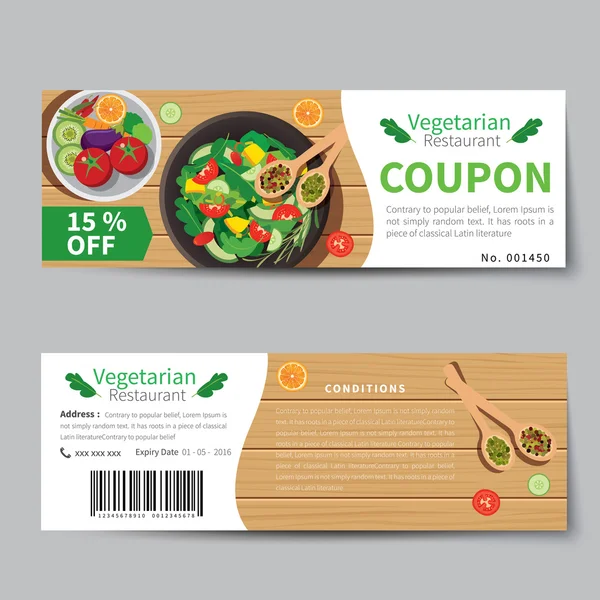 Comida vegetariana cupón plantilla de descuento diseño plano — Archivo Imágenes Vectoriales