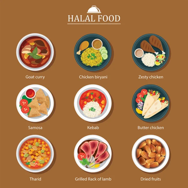 Набор халяльных продуктов питания плоский дизайн — стоковый вектор
