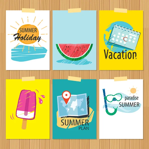 Conjunto de cartões de verão desenhados à mão.Etiqueta de design plano de férias . — Vetor de Stock