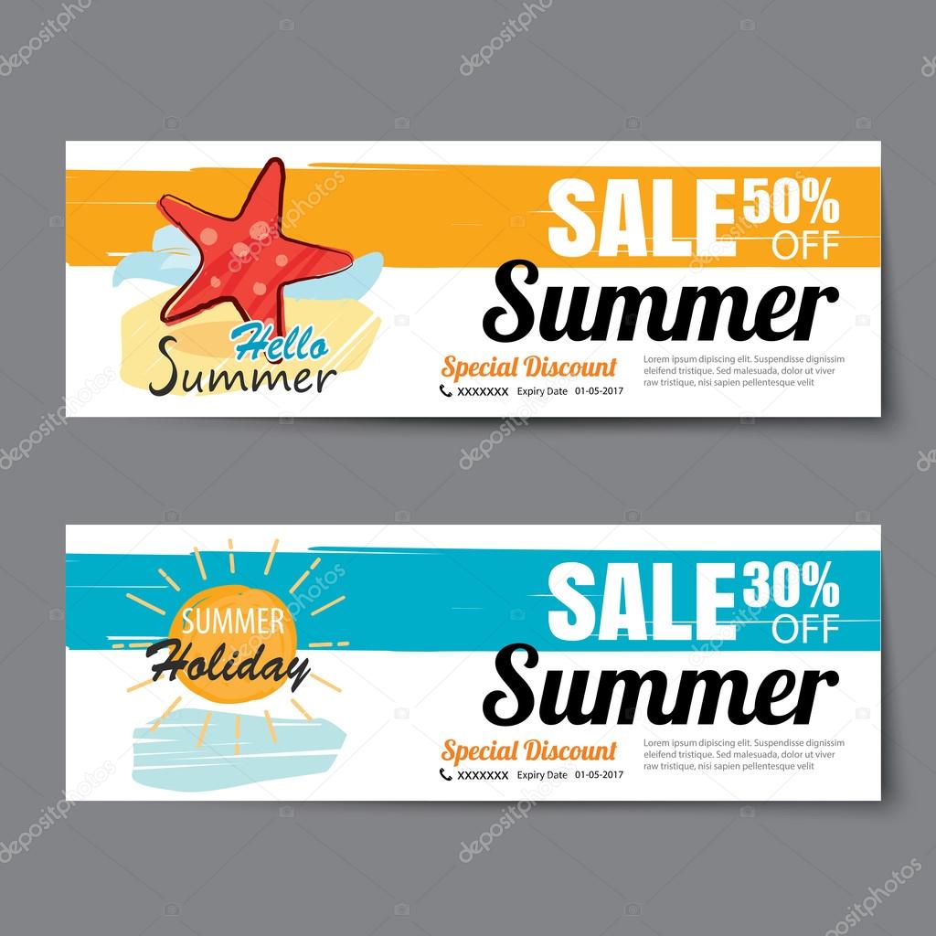 Summer sale voucher template.Discount coupon. Banner hand drawn flat design