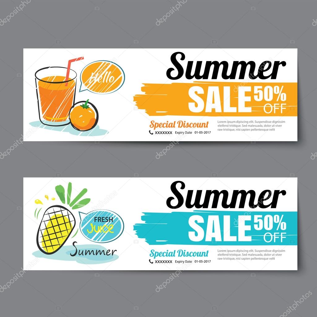 Summer sale voucher template.Discount coupon. Banner hand drawn flat design