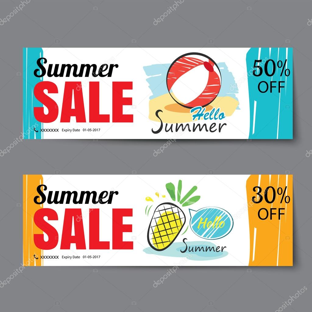 Summer sale voucher template.Discount coupon. Banner hand drawn flat design