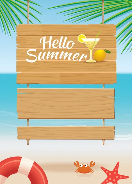 Panneau en bois d'été sur fond de plage tropicale — Image vectorielle