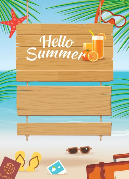 Summer wooden sign on tropical beach background — Stock Vector
