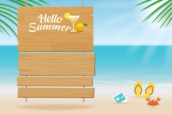 Summer wooden sign on tropical beach background — Stock Vector