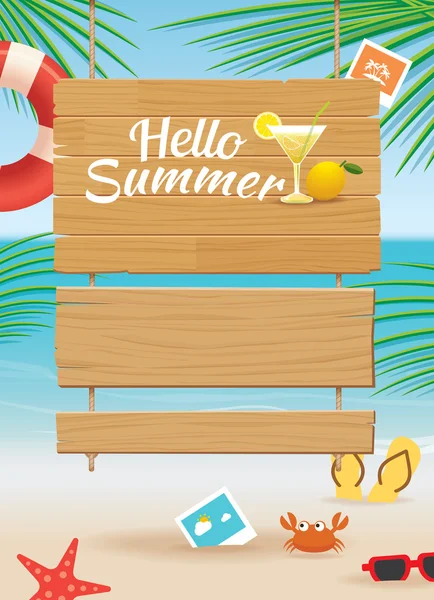 Summer wooden sign on tropical beach background — Stock Vector