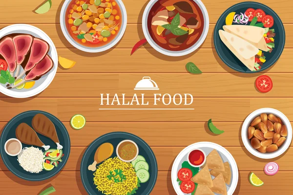 Comida halal sobre fondo de madera.Vista superior de la comida halal vectorial . — Vector de stock