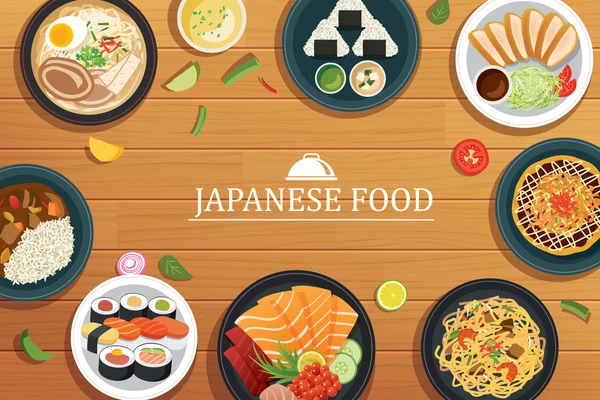 Japonské jídlo na dřevěné pozadí. Vektorové japonské potraviny top vi — Stockový vektor