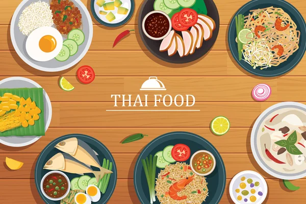 Comida tailandesa en un fondo de madera.Vector thai comida vista superior — Archivo Imágenes Vectoriales