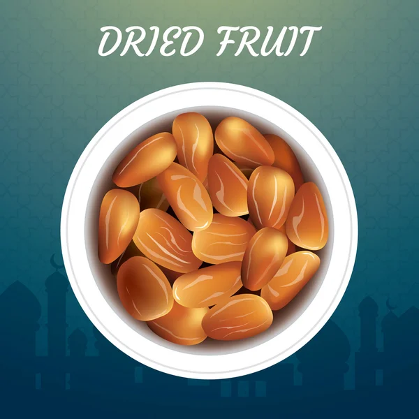 Frutta secca di palma da dattero o kurma, cibo al ramadan.Illustrazione di Ei — Vettoriale Stock
