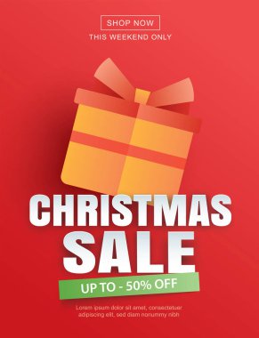 Kağıt sanatında kırmızı arka planda hediye kutusuyla Noel indirimi.