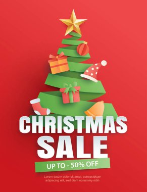 Kağıt sanatında kırmızı arka planda ağaç sembollü Noel indirimi.