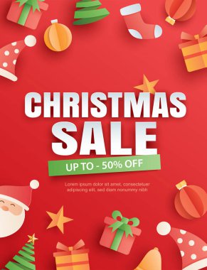 Kağıt sanatında kırmızı arka planda nesne ve sembolle Noel indirimi.