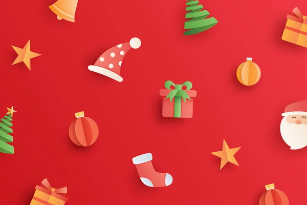 Kerst Met Objecten Element Papieren Kunststijl Rode Achtergrond — Stockvector