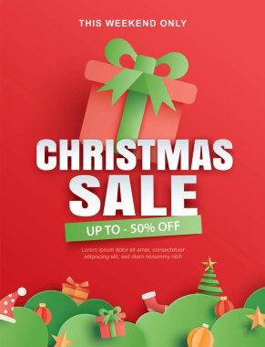 Kağıt sanatında kırmızı arka planda hediye kutusu ve element nesnesi olan Noel indirimi.