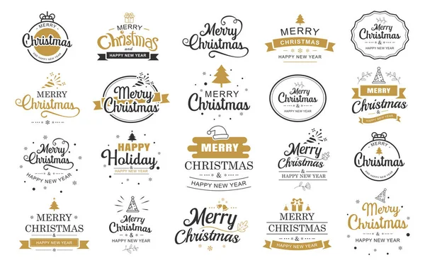 Boldog Karácsonyt Boldog Évet Tipográfia Címke Szimbólumokkal Design Készlet Használata — Stock Vector