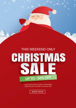 Noel Baba ve içinde noel indirimi olan bir çanta dolusu hediye. Pankart, poster, kapak ve tüm ortam için kullan.