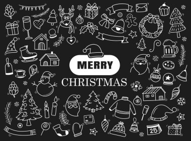 Mutlu noel öğeleri ve karalama tarzında semboller..