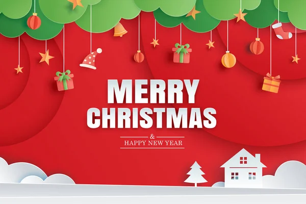 Joyeux Noël Bonne Année Carte Vœux Rouge Papier Modèle Bannière — Image vectorielle