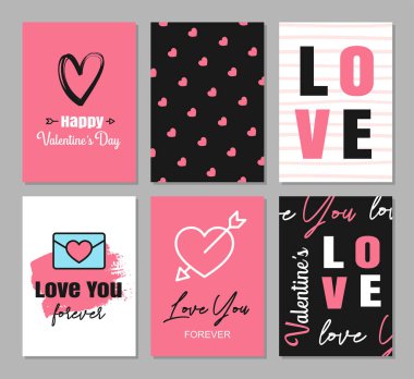 Sevgililer Günü tebrik kartları ve davetiye, broşür, poster, etiket, pankart için sembol süslemeleri..