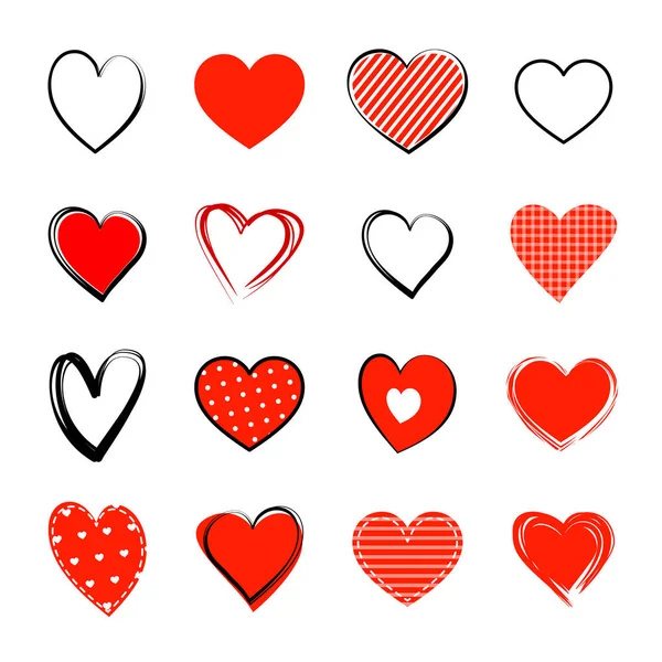 Symbol Červeného Srdce Nastaven Láska Ikona Ručně Kreslené Izolované Bílém — Stockový vektor