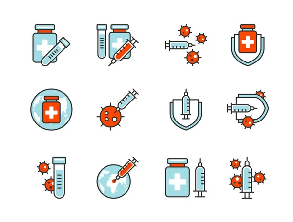 Icono Vacuna Covid Establece Estilo Línea Color Signo Símbolo Para — Archivo Imágenes Vectoriales