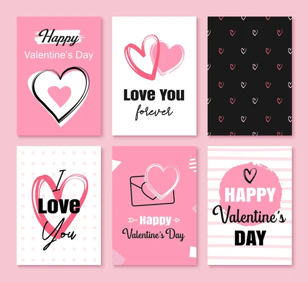 Tarjetas Felicitación Del Día San Valentín Con Corazones Decoración Símbolos — Archivo Imágenes Vectoriales