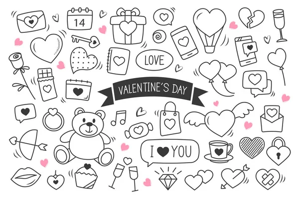 San Valentín Mano Dibujado Garabatos Objetos Símbolos Conjunto Amor Elementos — Archivo Imágenes Vectoriales