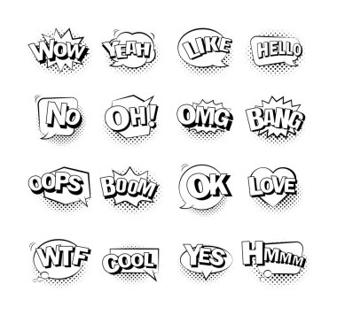 Yarım ton gölge ve metin içeren komik balon konuşması. Çizgi roman ses efekti koleksiyonu.