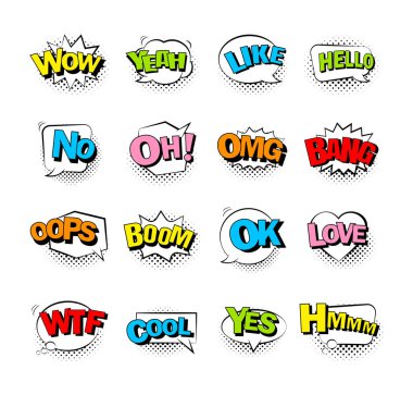 Yarım ton gölge ve metin içeren komik balon konuşması. Çizgi roman ses efekti koleksiyonu.