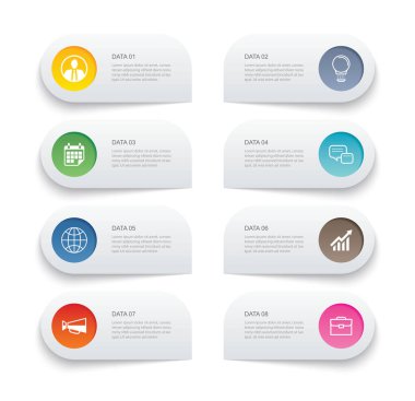 8 veri bilgisi sekmesi kağıt ince çizgi dizini şablonu. Vektör illüstrasyon soyut arkaplan. İş akışı düzeni, iş adımı, afiş, web tasarımı için kullanılabilir.