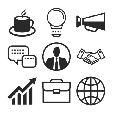 Web sitesi, bilgi ve tüm iş tasarımları için elementleri olan iş simgeleri düz tasarım.