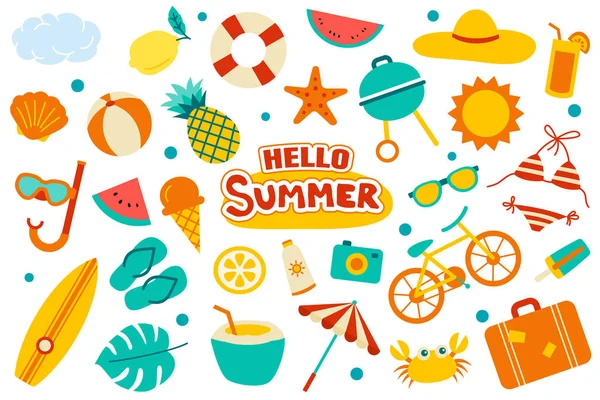 Hello Summer Collection Set Flat Design White Background Summer Symbols — Stock Vector