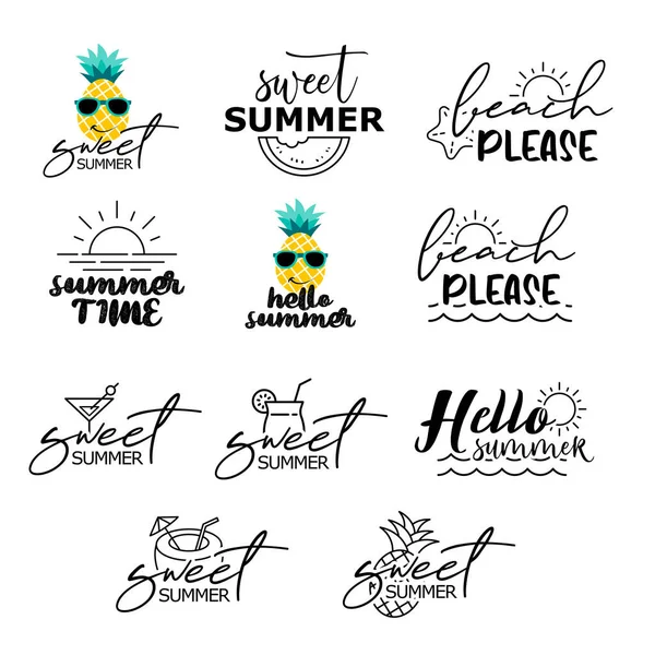 Summer Labels Set Retro Hand Drawn Elements Summer Vintage Style — Stock Vector