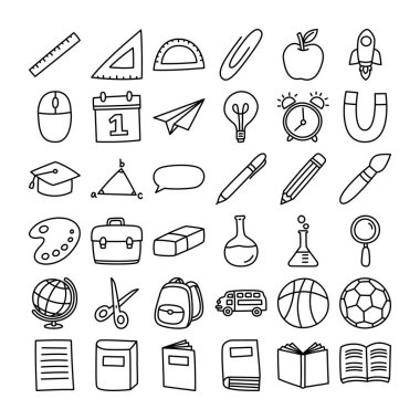 Okul ikonu çizim stili. Eğitim eli ince çizgili nesneler ve semboller çizdi.